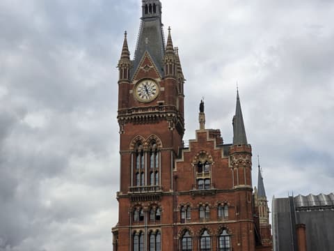 The clock tower filling the middle of the frame